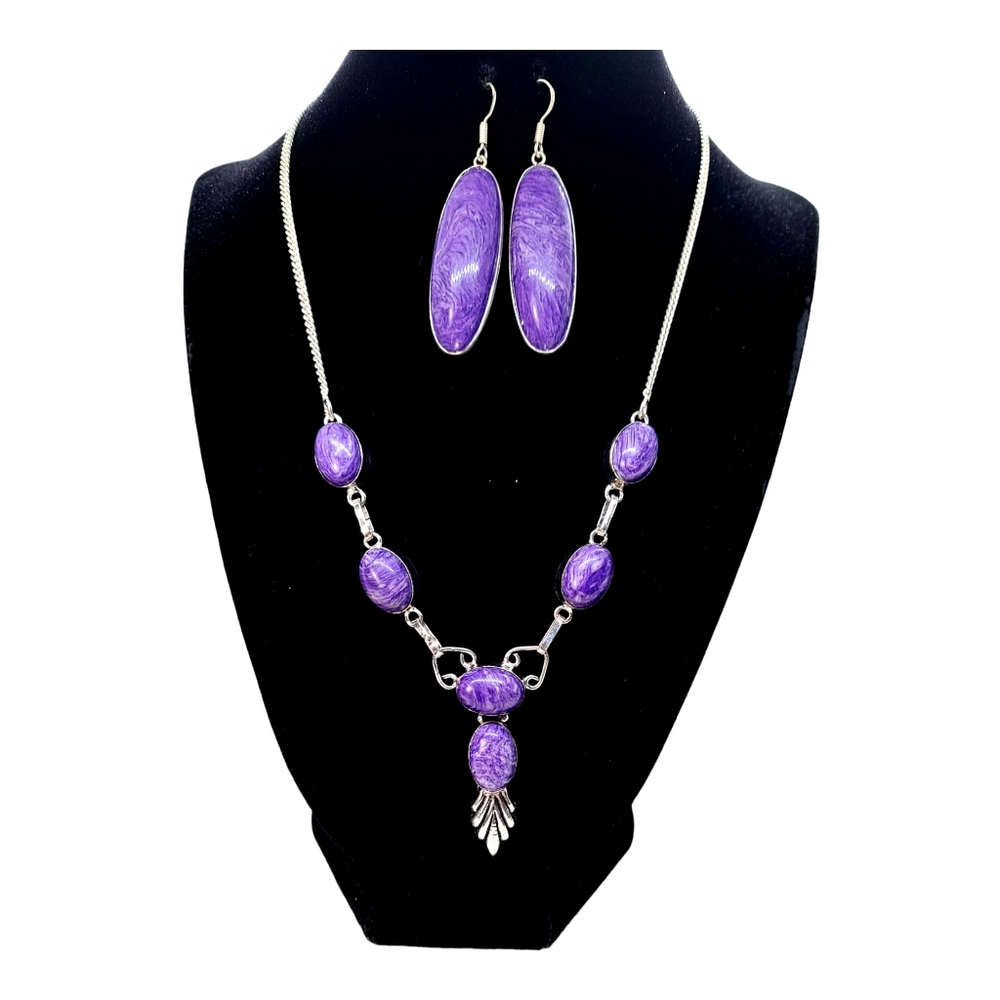 Purple charoite pendant necklace with earrings set